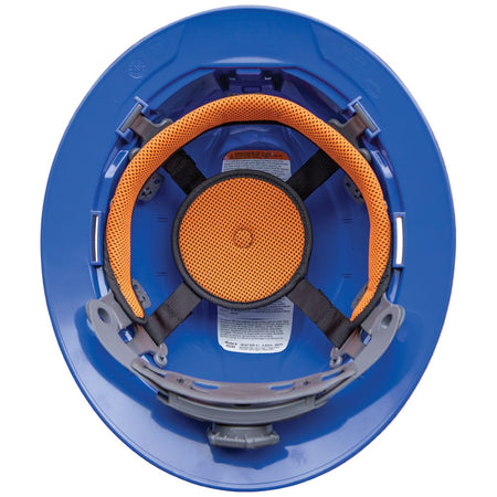 Interior view of the Klein 60249 blue hard hat showing the 6-point suspension harness, orange sweat-wicking padding, and rear ratchet dial.