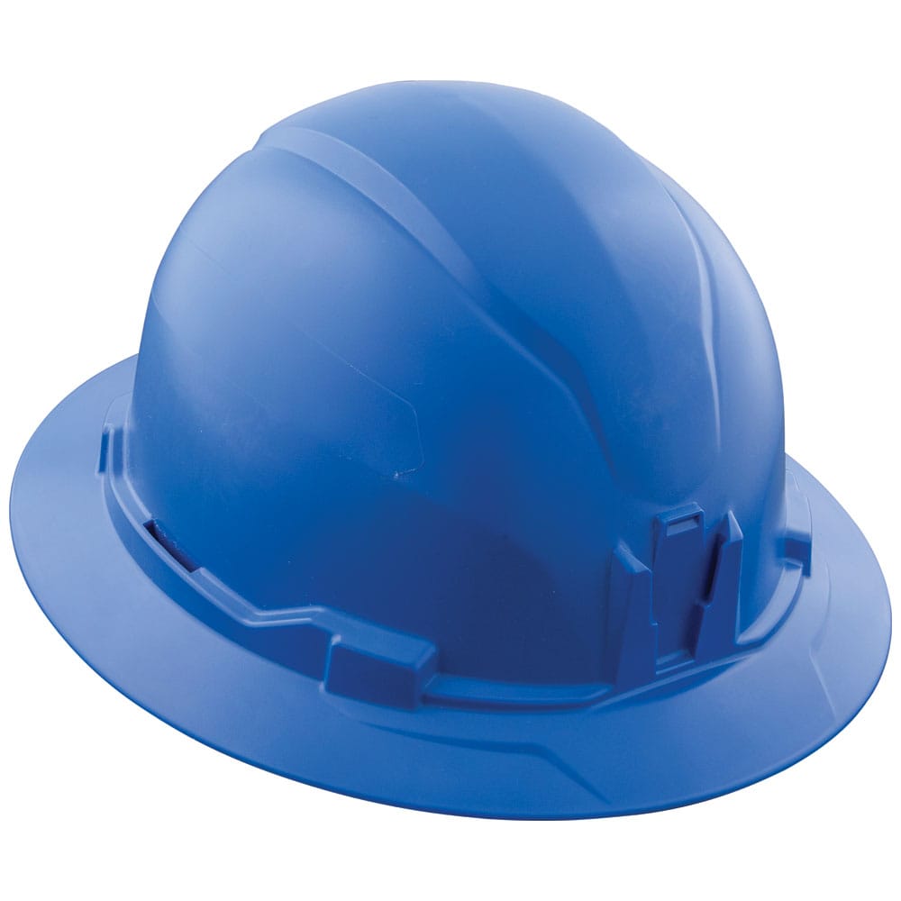 Angled side profile of the Klein 60249 blue full brim safety hard hat showcasing its durable PC/ABS composite impact shell.