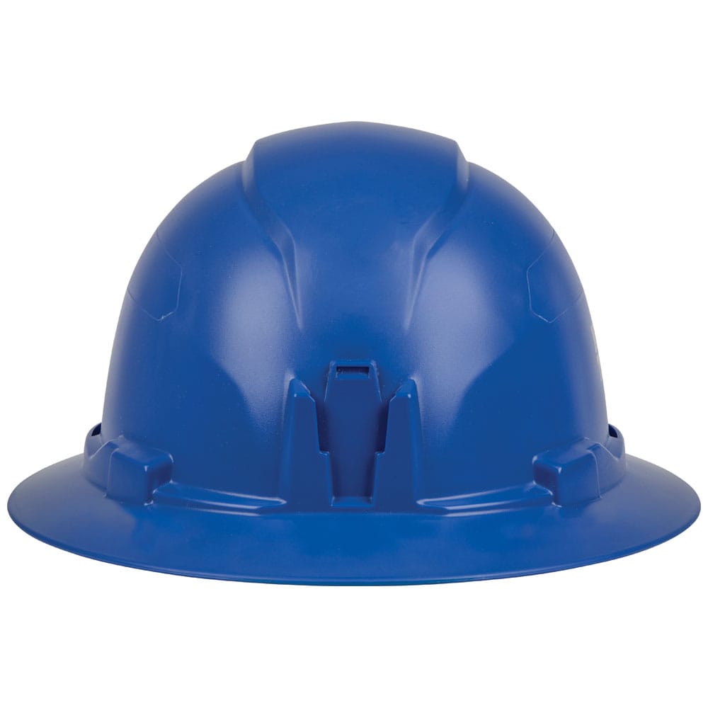 Front profile view of the Klein 60249 blue safety helmet highlighting the patented front accessory slot for strap-free headlamp attachment.