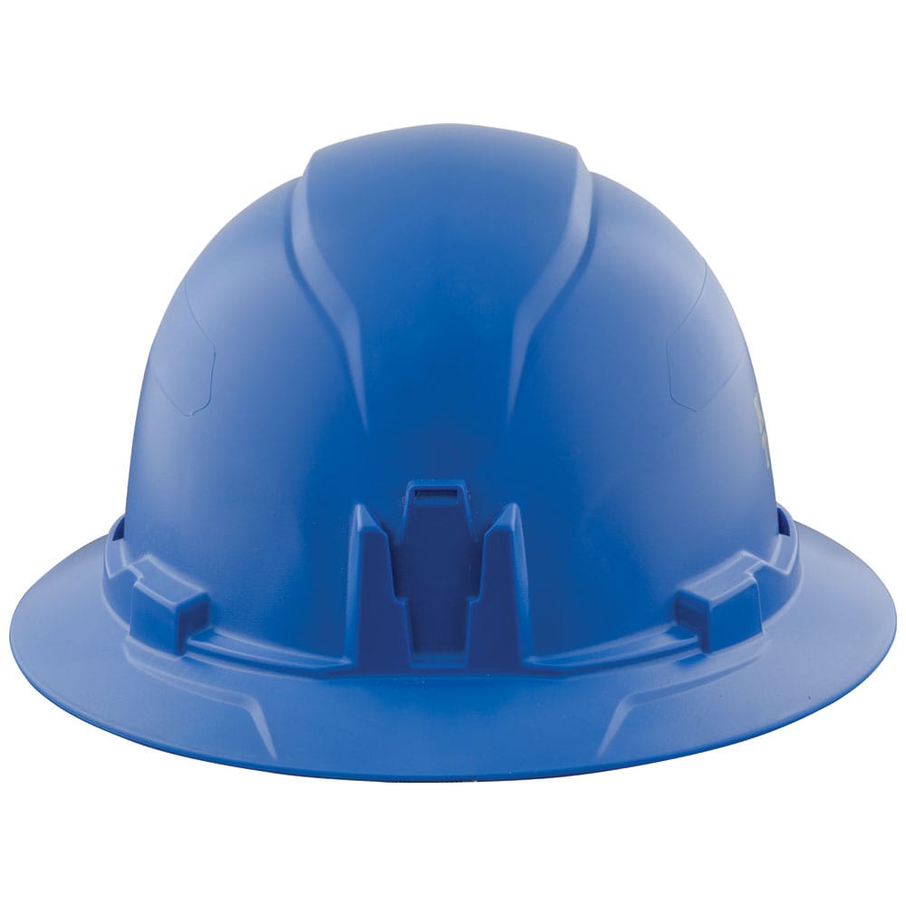 Rear view of the Klein 60249 blue hard hat showing the patented rear accessory mounting slot and 6-point ratchet suspension frame.