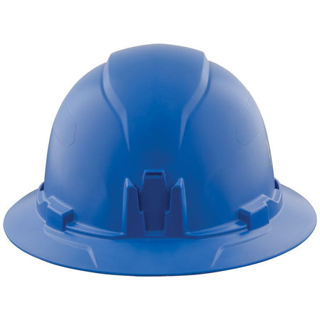Rear view of the Klein 60249 blue hard hat showing the patented rear accessory mounting slot and 6-point ratchet suspension frame.