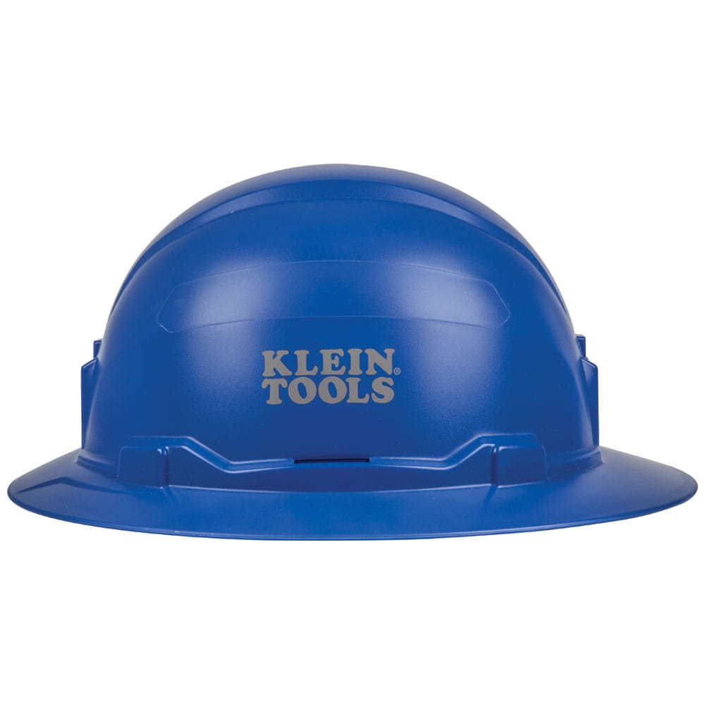 Side view of the Klein 60249 blue full brim hard hat featuring the stamped Klein Tools logo and universal side ear defender slots.