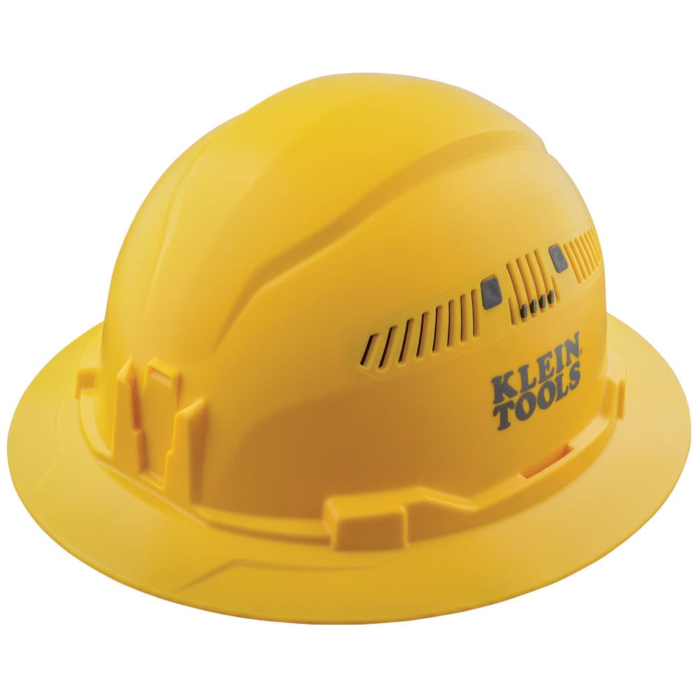 Klein 60262 yellow vented full brim safety hard hat featuring PC/ABS composite impact construction and adjustable side air vents.