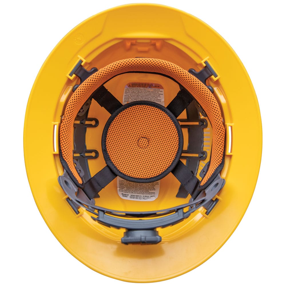 Interior view of the Klein 60262 yellow hard hat showing the 6-point suspension harness, orange sweat-wicking padding, and rear ratchet dial.