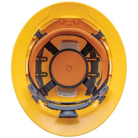 Interior view of the Klein 60262 yellow hard hat showing the 6-point suspension harness, orange sweat-wicking padding, and rear ratchet dial.