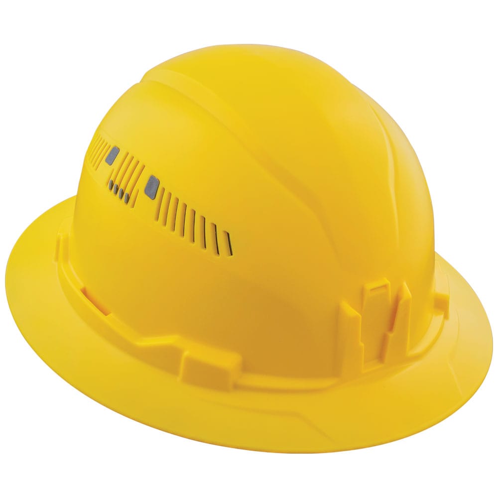 Angled side profile of the Klein 60262 yellow vented full brim safety hard hat showcasing its high-visibility PC/ABS composite shell design.