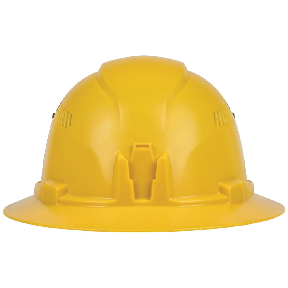 Front profile view of the Klein 60262 yellow hard hat featuring the built-in accessory mount for strap-free headlamp attachment.