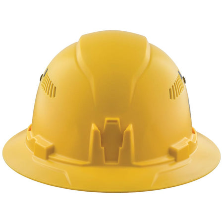 Rear view of the Klein 60262 yellow hard hat showing the patented rear accessory slot and 6-point ratchet suspension frame.