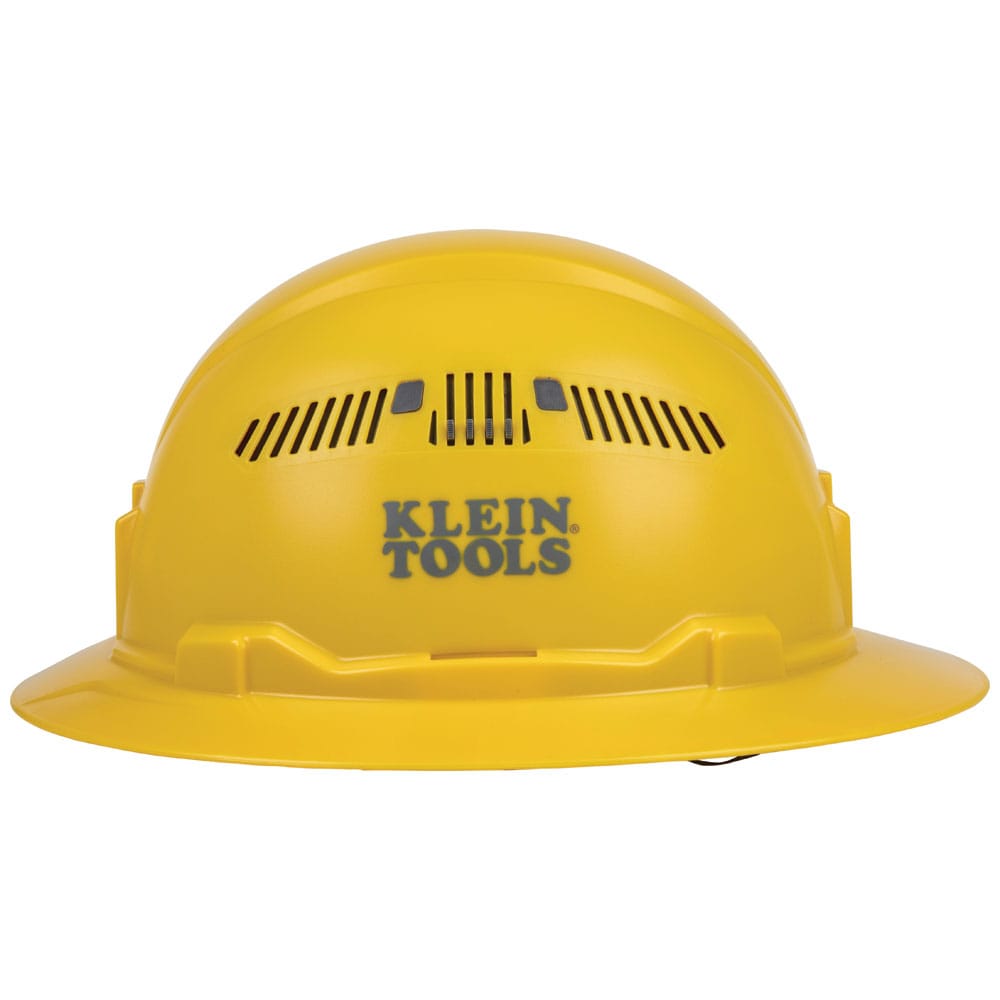 Side view of the Klein 60262 high-visibility yellow hard hat displaying the stamped logo, side vents, and universal accessory slots.