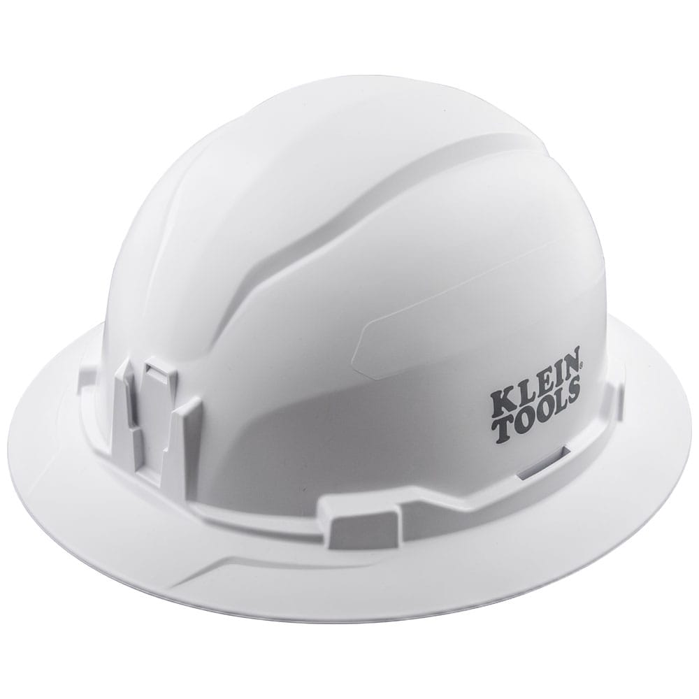 Klein 60400 white non-vented full brim safety hard hat featuring PC/ABS composite construction and integrated headlamp mounting brackets.