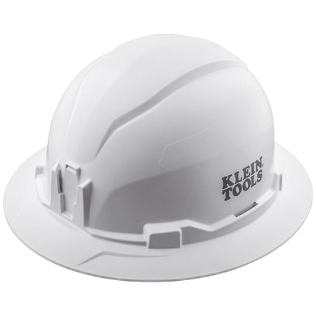 Klein 60400 white non-vented full brim safety hard hat featuring PC/ABS composite construction and integrated headlamp mounting brackets.