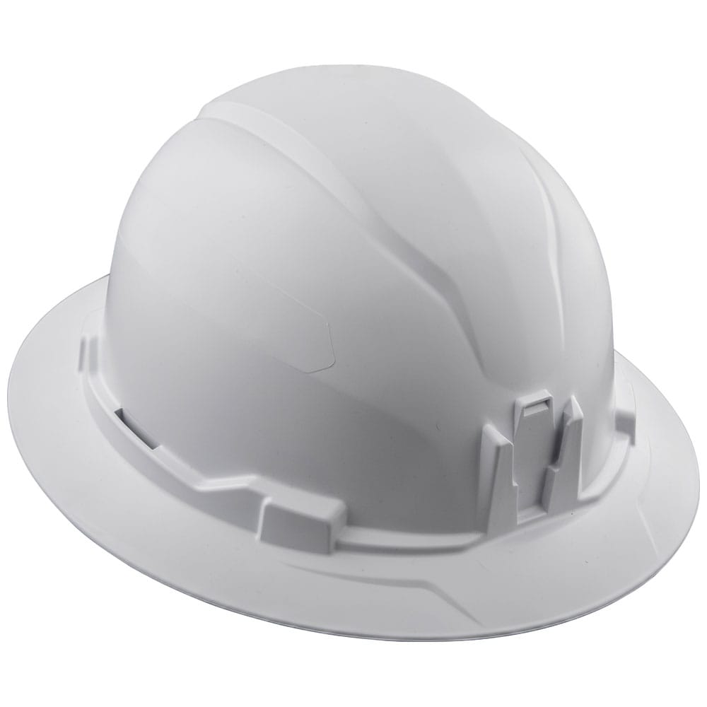 Angled side view of the Klein 60400 white full brim safety hard hat showcasing its high-impact PC/ABS composite shell design.