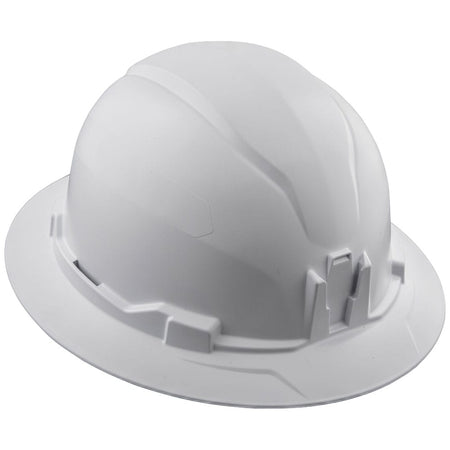 Angled side view of the Klein 60400 white full brim safety hard hat showcasing its high-impact PC/ABS composite shell design.