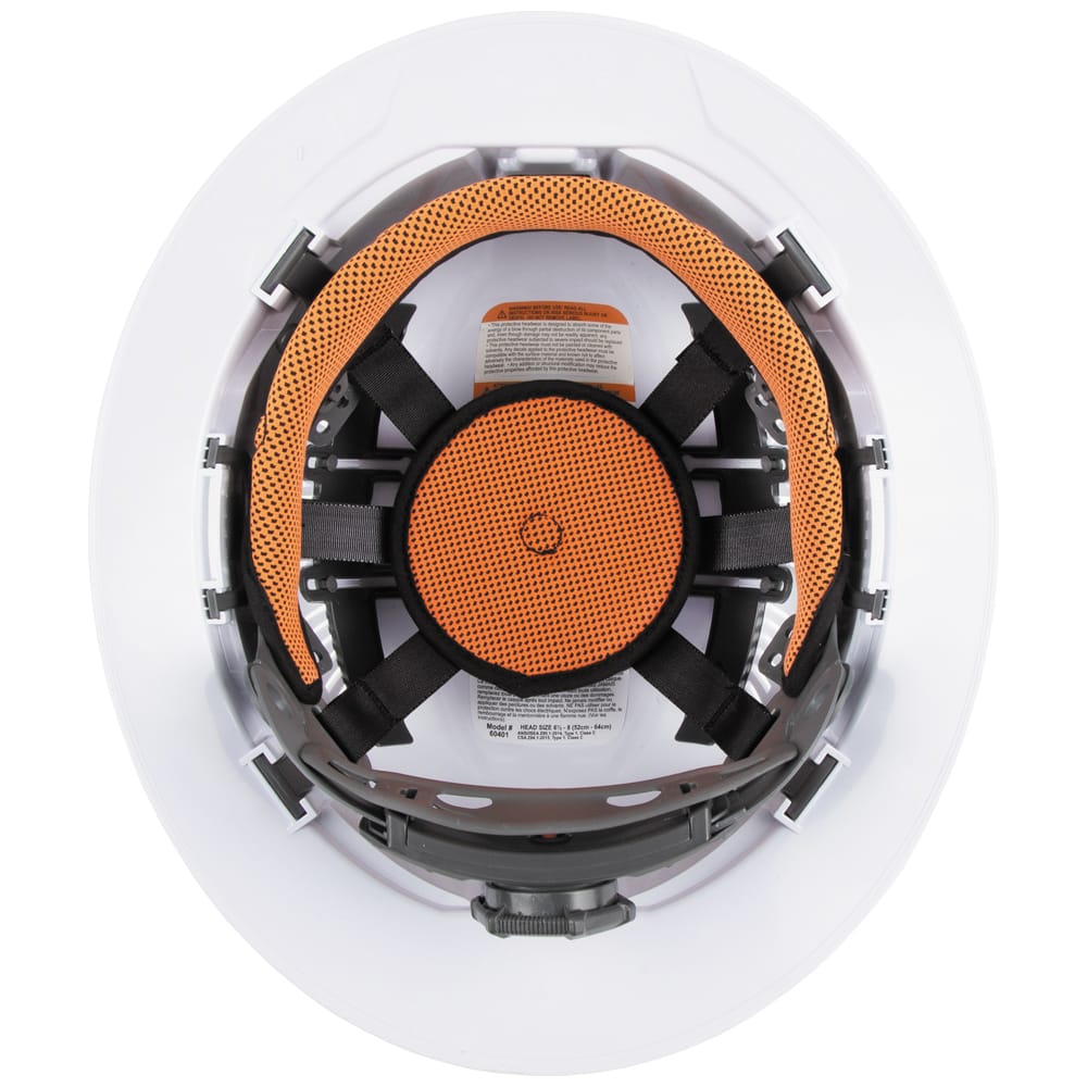 Interior bottom-up view of the Klein 60400 hard hat showing the 6-point suspension matrix, sweat-wicking top pad, and ratchet dial.