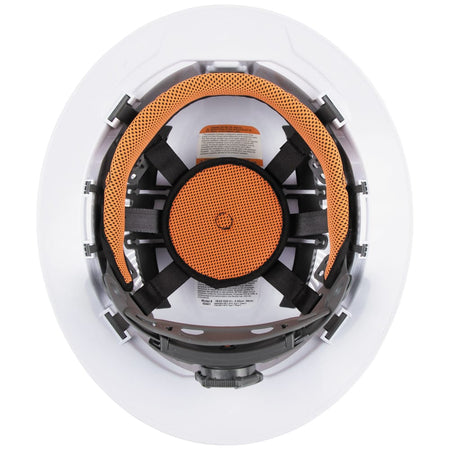 Interior bottom-up view of the Klein 60400 hard hat showing the 6-point suspension matrix, sweat-wicking top pad, and ratchet dial.