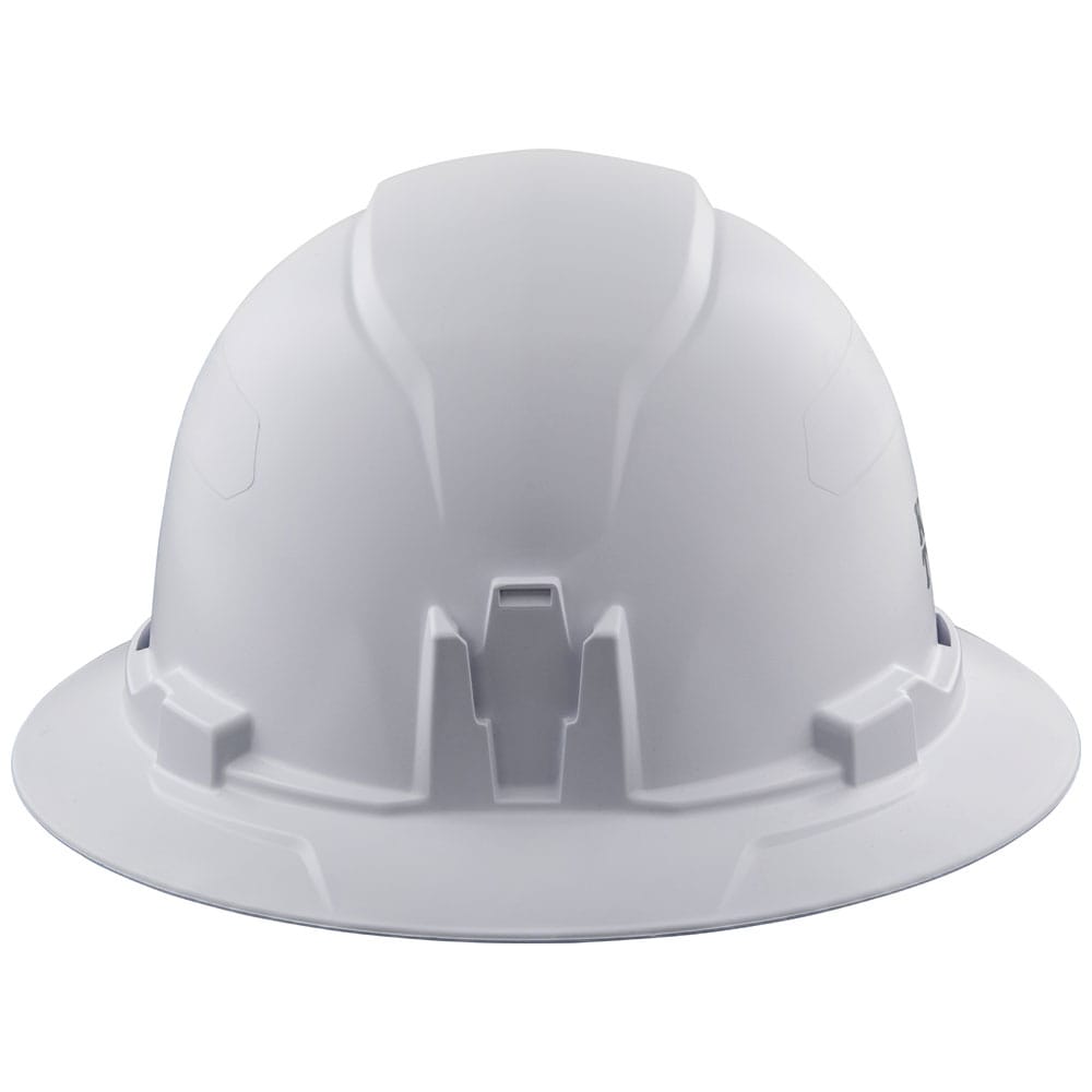 Front profile view of the Klein 60400 white hard hat highlighting the patented built-in accessory mount for strap-free headlamp attachment.