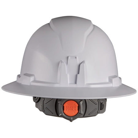 Rear view of the Klein 60400 hard hat featuring the large one-handed ratchet adjustment knob with an orange Klein Tools logo center dial.