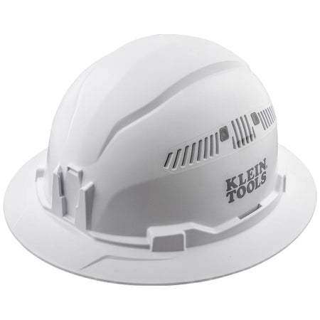 Klein 60401 white vented full brim safety hard hat featuring adjustable side air vents and integrated front headlamp accessory mounts.