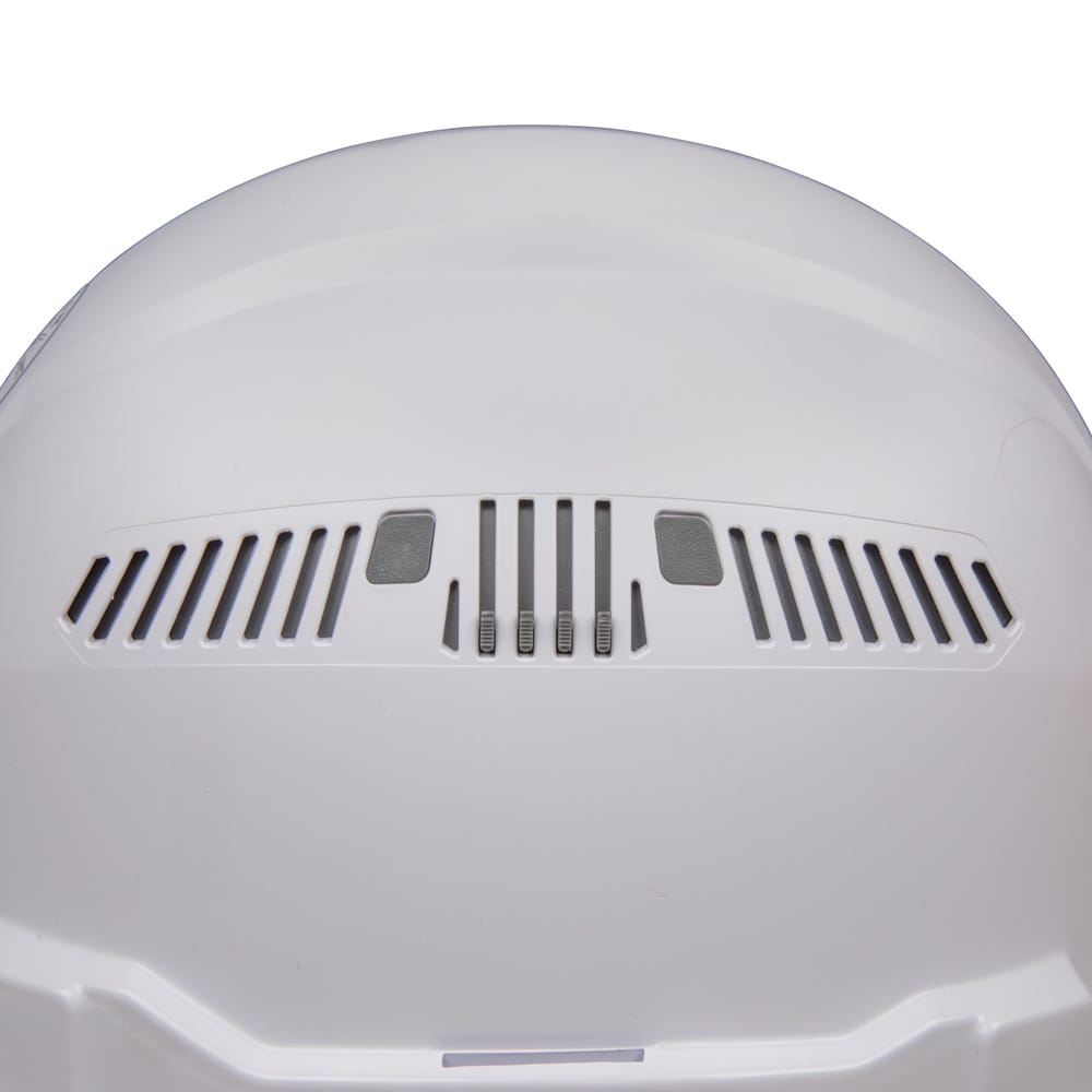 Close-up view of the sliding side vent shutters on the Klein 60401 hard hat designed to regulate airflow and internal temperature.