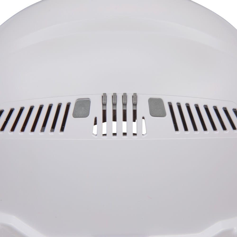 Close-up view of the sliding air vent mechanism on the Klein 60401 hard hat demonstrating how side shutters open to promote maximum heat release.