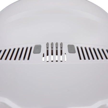 Close-up view of the sliding air vent mechanism on the Klein 60401 hard hat demonstrating how side shutters open to promote maximum heat release.