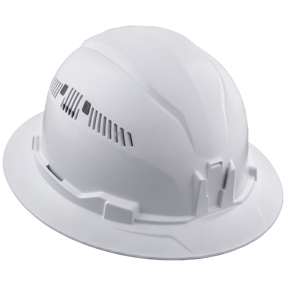 Angled side profile of the Klein 60401 white vented full brim safety hard hat showcasing its PC/ABS composite impact shell design.