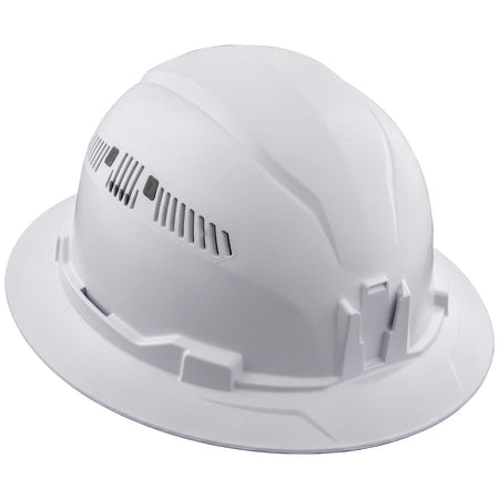 Angled side profile of the Klein 60401 white vented full brim safety hard hat showcasing its PC/ABS composite impact shell design.