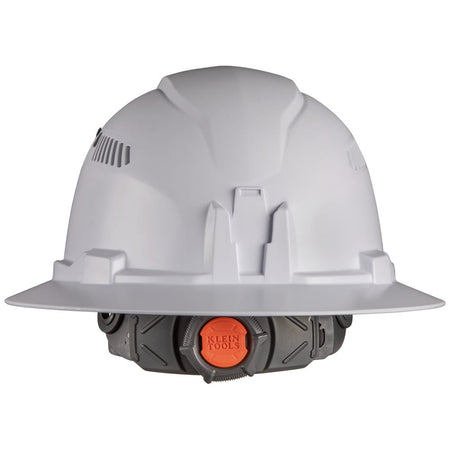 Rear view of the Klein 60401 hard hat highlighting the large one-handed ratchet adjustment dial with an orange Klein Tools logo center knob.