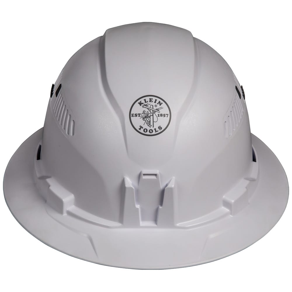 Front profile view of the Klein 60401 white vented hard hat featuring the stamped Klein Tools logo and strap-free headlamp mounting slot.