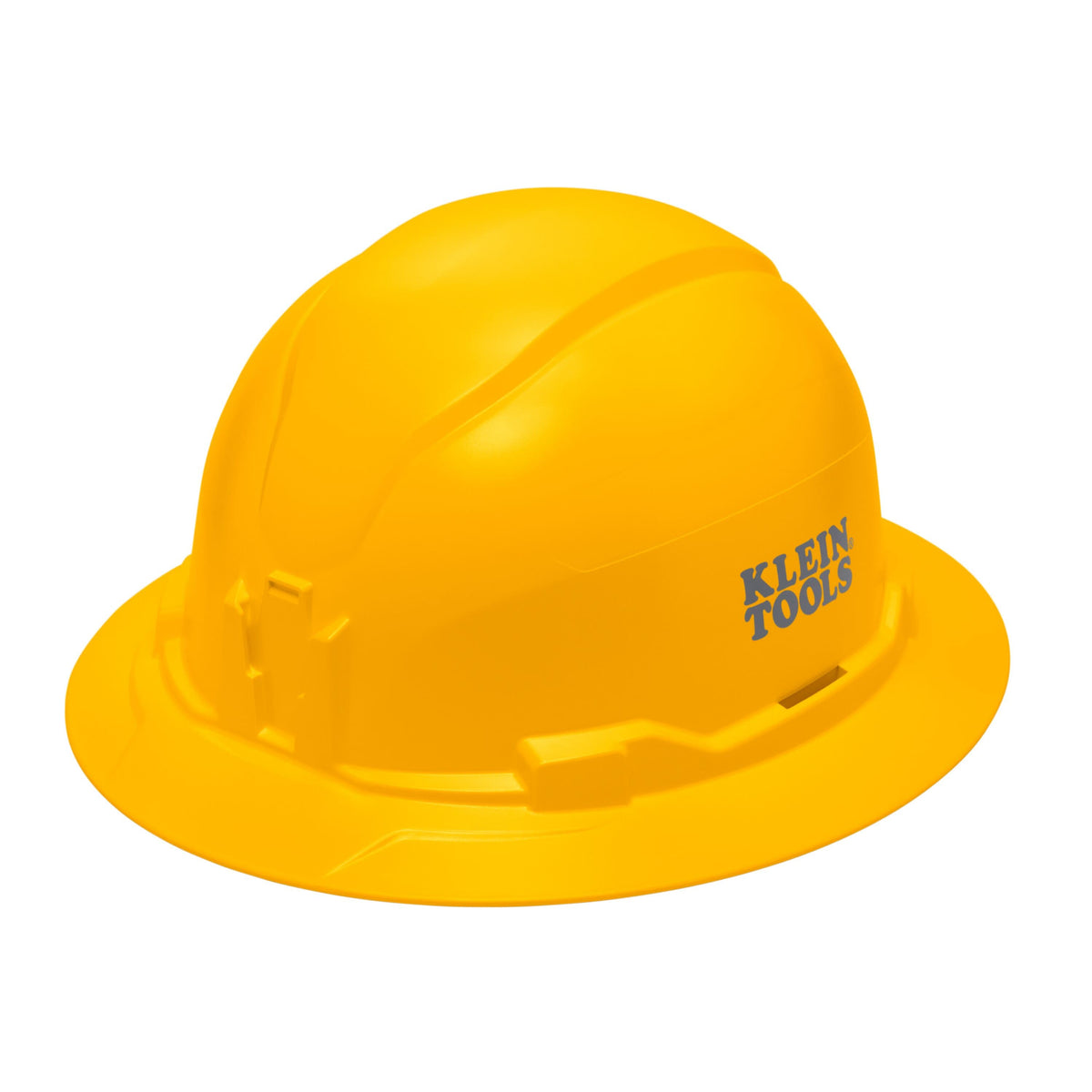 Klein 60489 yellow non-vented full brim safety hard hat featuring high-visibility PC/ABS composite construction and integrated headlamp mounting brackets.