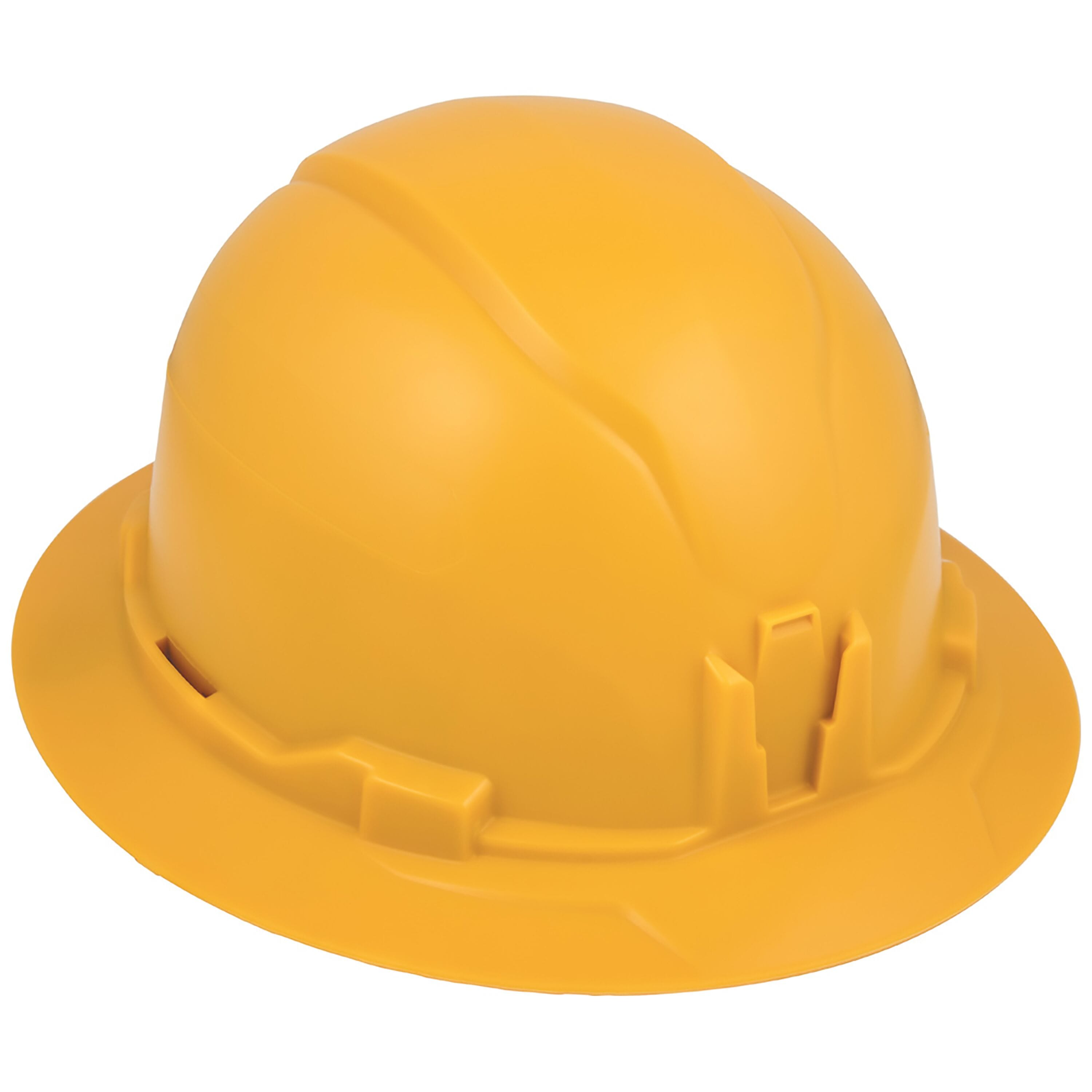 Angled side view of the Klein 60489 yellow full brim safety hard hat showcasing its high-impact PC/ABS composite shell design.