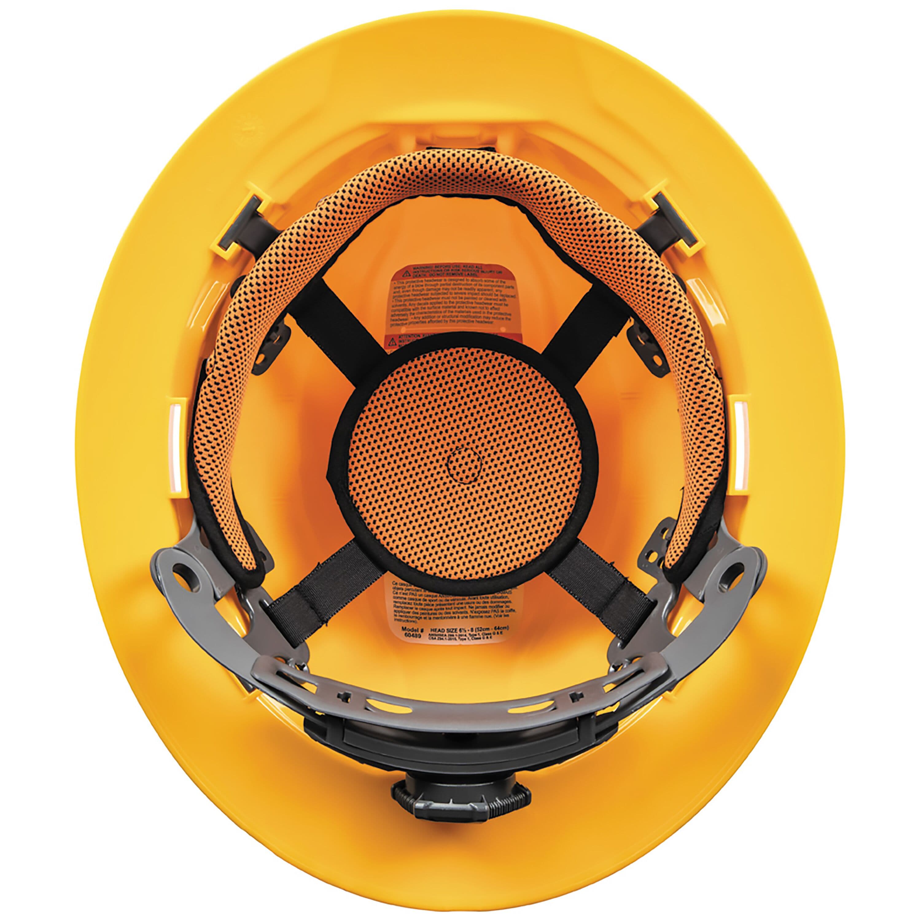 Interior bottom-up view of the Klein 60489 hard hat showing the 6-point suspension matrix, sweat-wicking top pad, and ratchet dial.