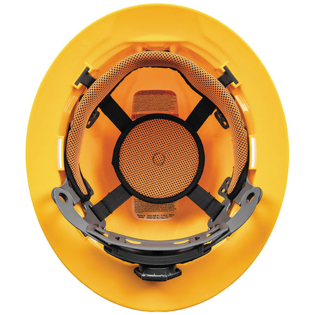 Interior bottom-up view of the Klein 60489 hard hat showing the 6-point suspension matrix, sweat-wicking top pad, and ratchet dial.