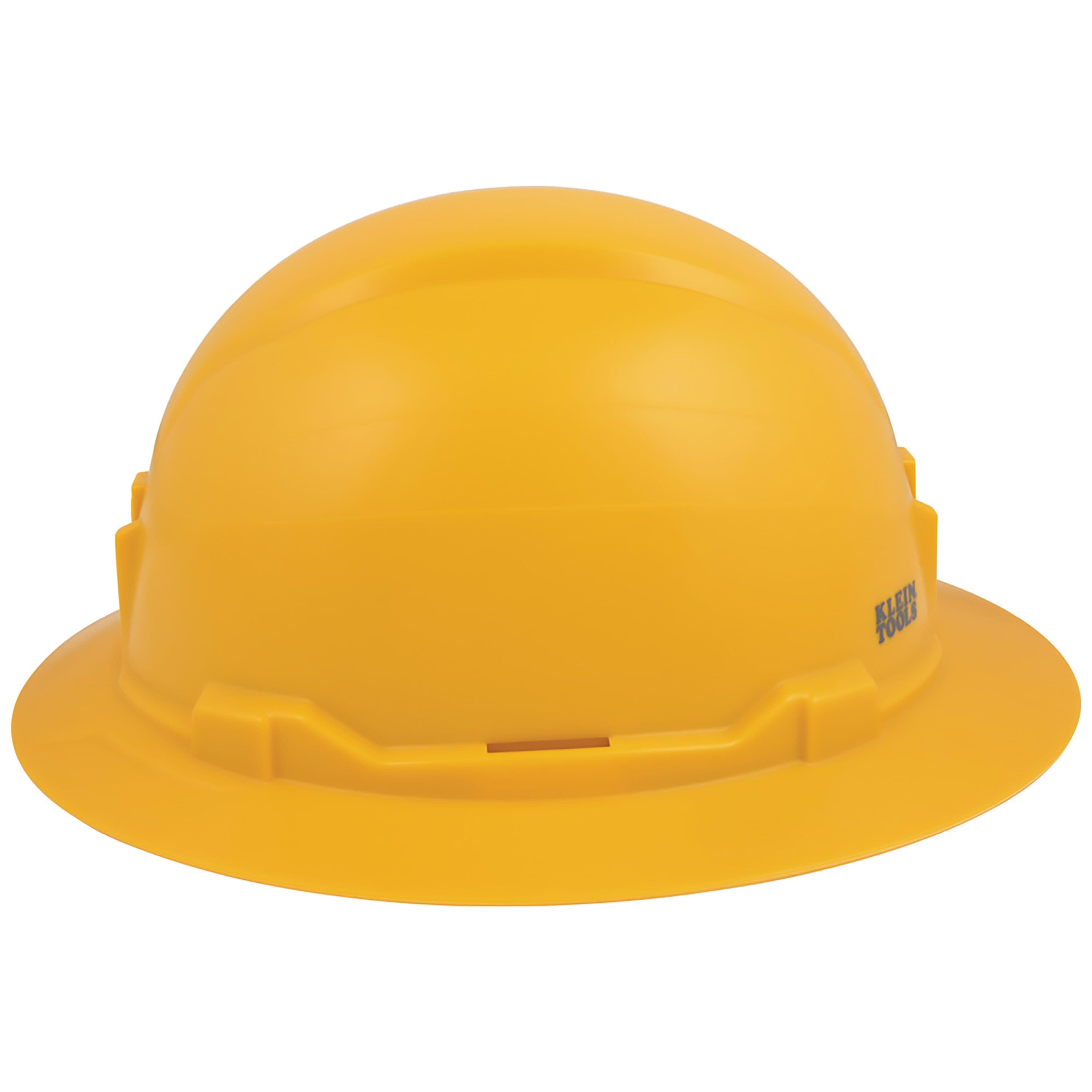 Side view of the Klein 60489 high-visibility yellow full brim hard hat displaying the stamped Klein Tools logo and universal accessory slots.