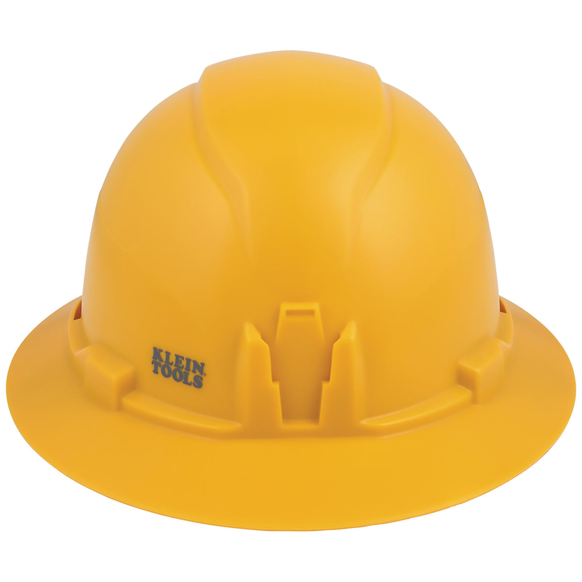 Front profile view of the Klein 60489 yellow hard hat highlighting the patented built-in accessory mount for strap-free headlamp attachment.