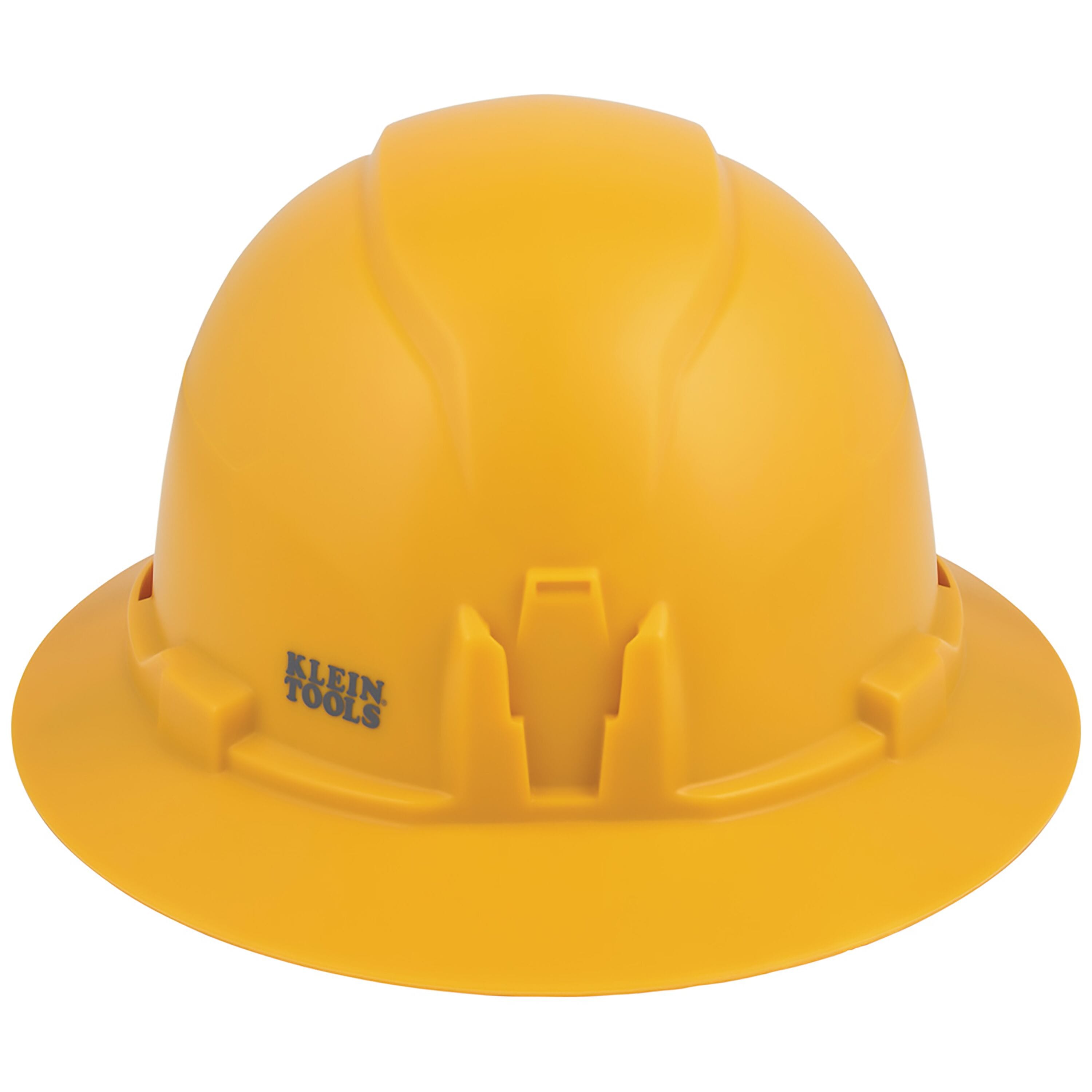 Front profile view of the Klein 60489 yellow hard hat highlighting the patented built-in accessory mount for strap-free headlamp attachment.
