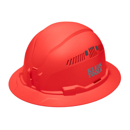 Klein 60861BR orange vented full brim safety hard hat featuring PC/ABS composite impact construction and adjustable sliding side air vents.