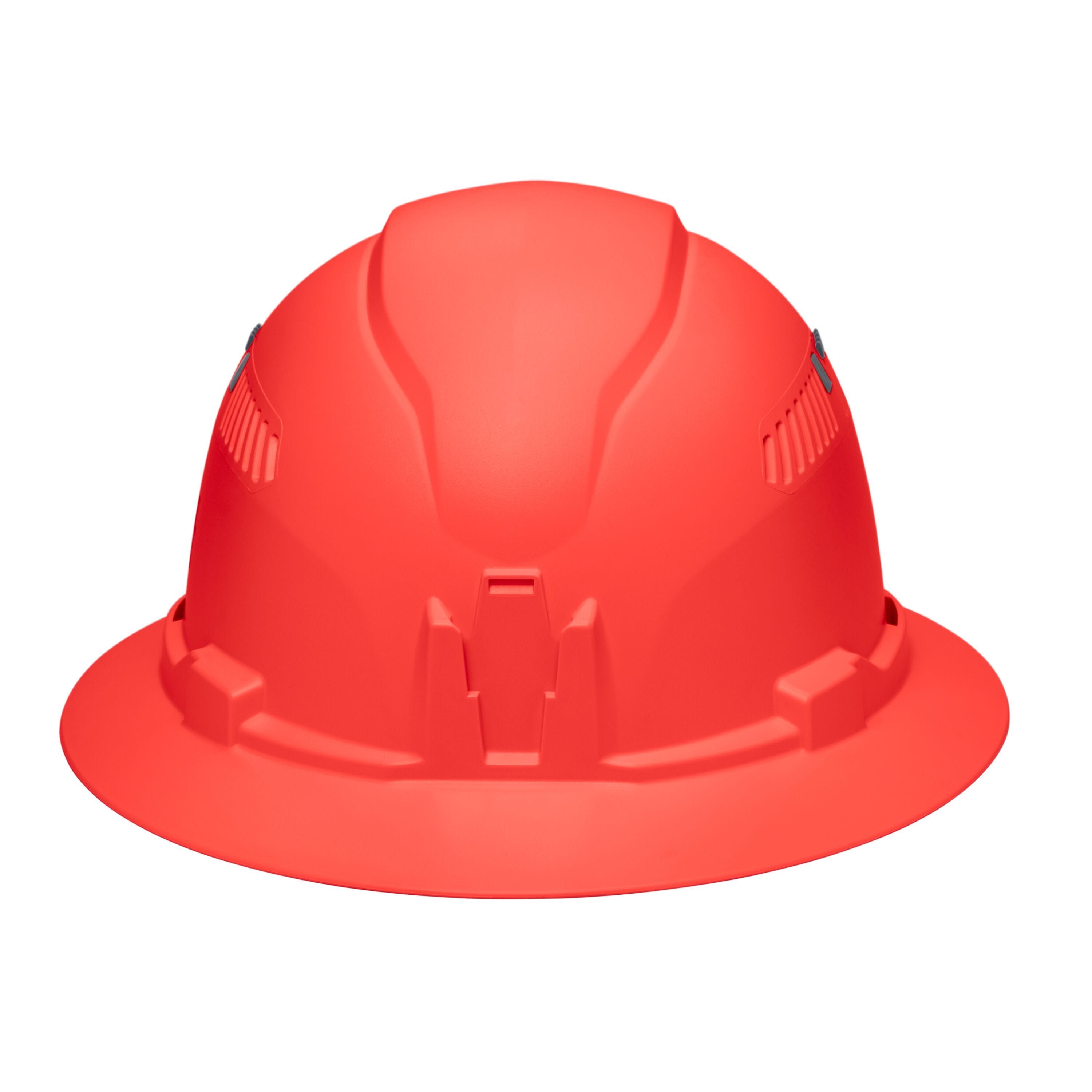 Front profile view of the Klein 60861BR orange hard hat featuring the built-in accessory mount for strap-free headlamp attachment.