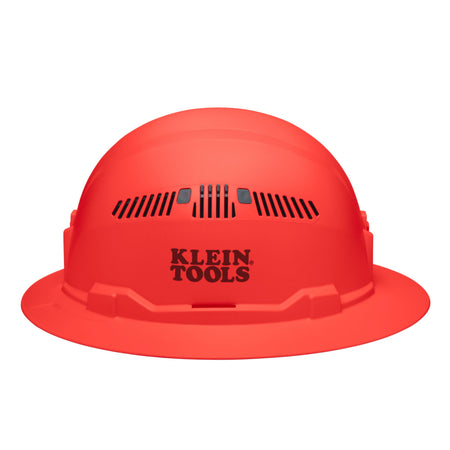 Side view of the Klein 60861BR high-visibility orange hard hat displaying the stamped logo, side vents, and universal accessory slots.
