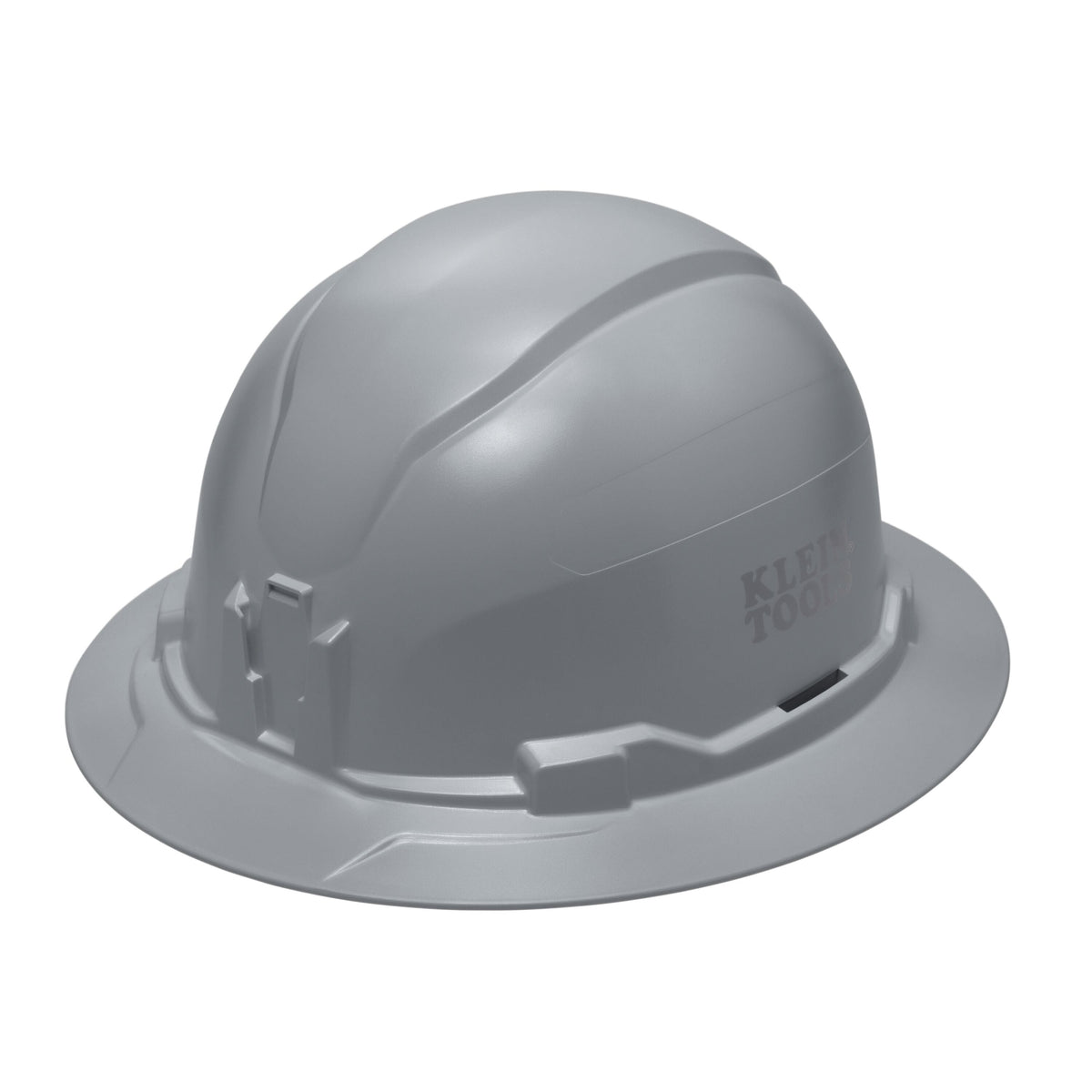 Klein 60863BR gray non-vented full brim safety hard hat featuring PC/ABS composite construction and integrated strap-free headlamp mounting brackets.