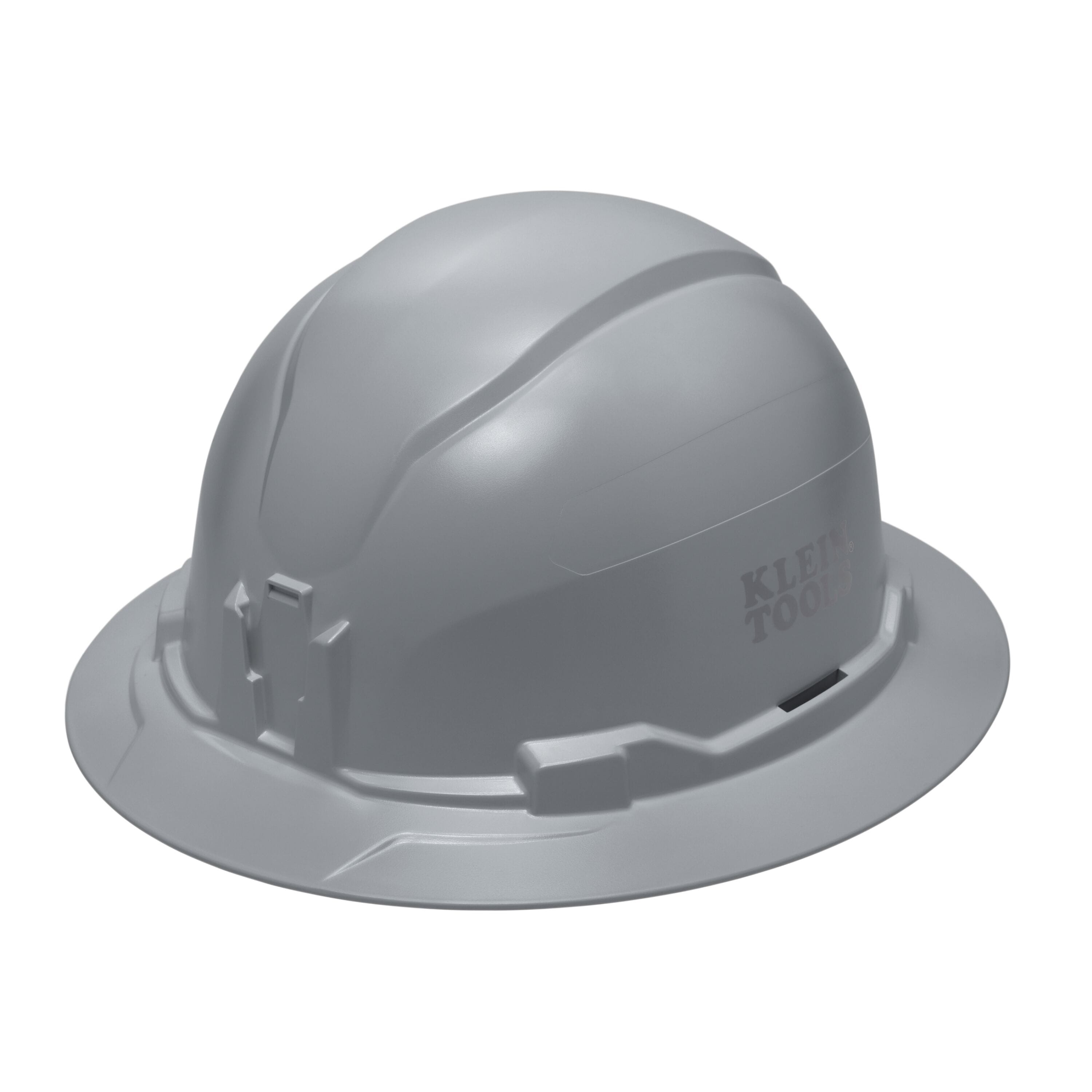 Klein 60863BR gray non-vented full brim safety hard hat featuring PC/ABS composite construction and integrated strap-free headlamp mounting brackets.