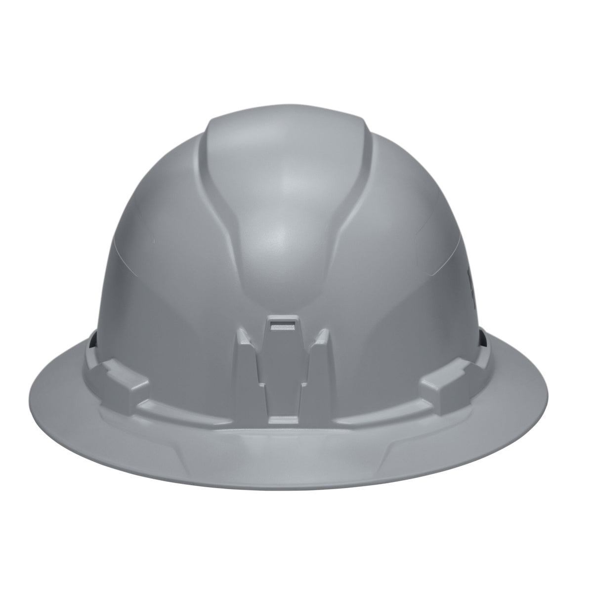 Front profile view of the Klein 60863BR gray hard hat highlighting the patented built-in accessory mount for strap-free headlamp attachment.