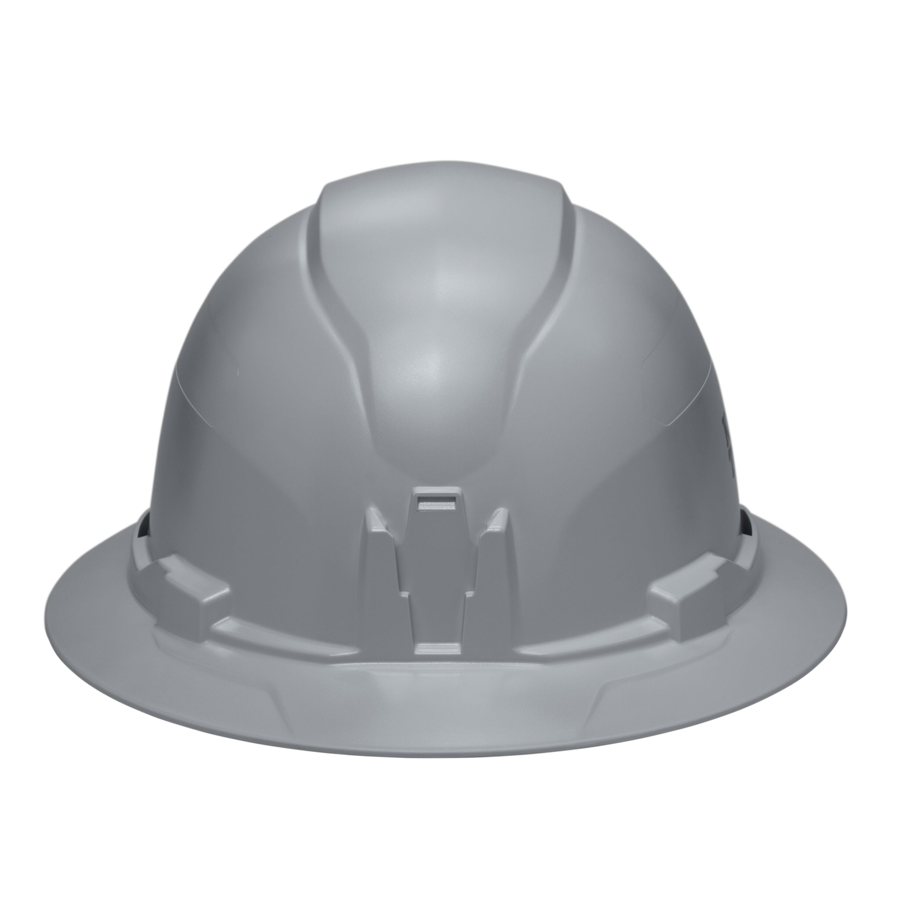 Front profile view of the Klein 60863BR gray hard hat highlighting the patented built-in accessory mount for strap-free headlamp attachment.