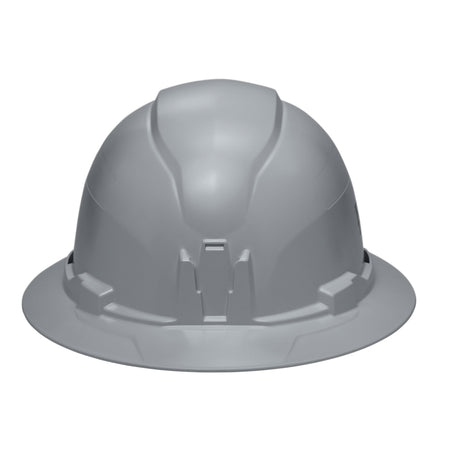 Front profile view of the Klein 60863BR gray hard hat highlighting the patented built-in accessory mount for strap-free headlamp attachment.