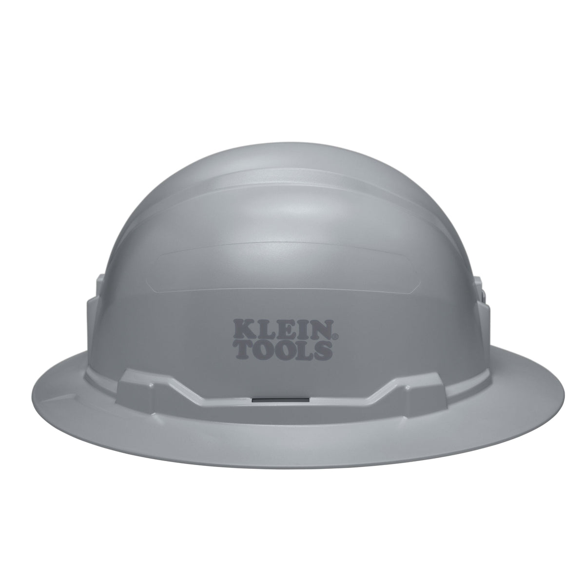 Side view of the Klein 60863BR gray full brim hard hat displaying the stamped Klein Tools logo and universal accessory slots.