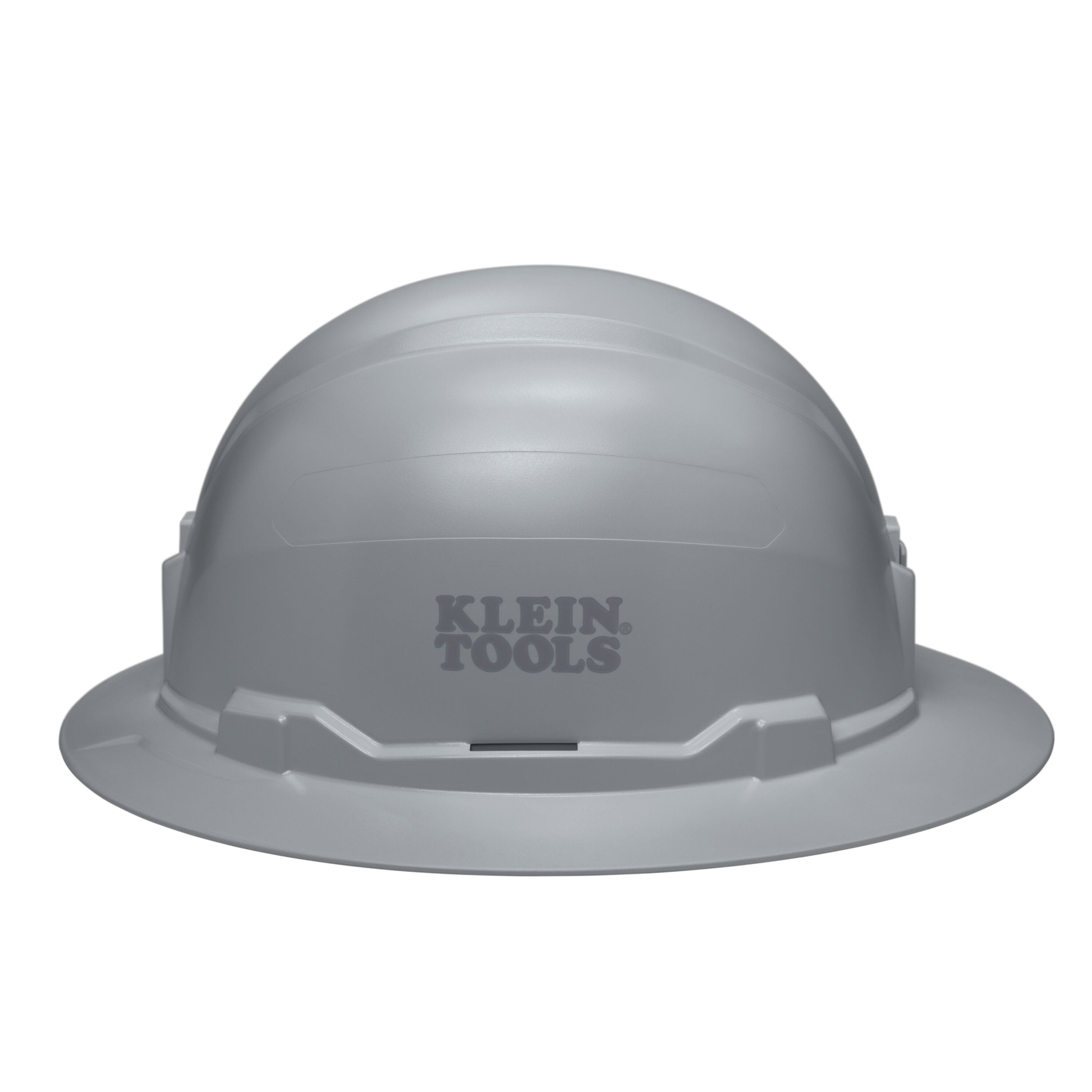Side view of the Klein 60863BR gray full brim hard hat displaying the stamped Klein Tools logo and universal accessory slots.