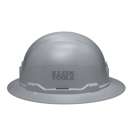 Side view of the Klein 60863BR gray full brim hard hat displaying the stamped Klein Tools logo and universal accessory slots.