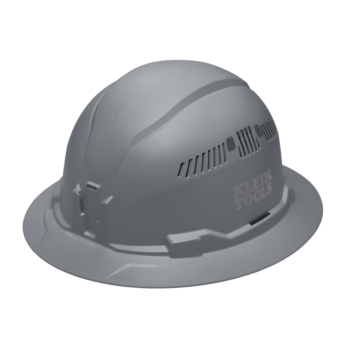 Klein 60864BR gray vented full brim safety hard hat featuring PC/ABS composite impact construction and adjustable side air vents.