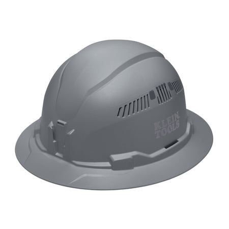 Klein 60864BR gray vented full brim safety hard hat featuring PC/ABS composite impact construction and adjustable side air vents.