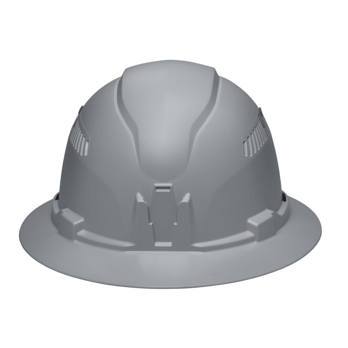 Front profile view of the Klein 60864BR gray hard hat featuring the built-in accessory mount for strap-free headlamp attachment.